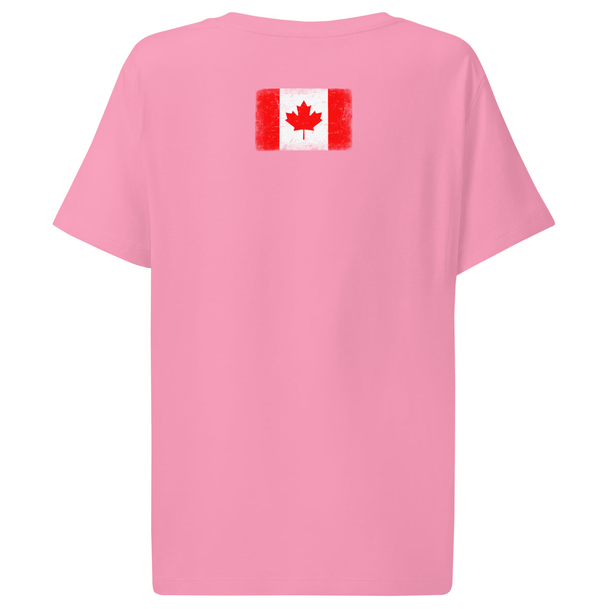 Canada flag t-shirt in Bubble Pink, vintage-washed print, flag across the upper back, women cut, back view