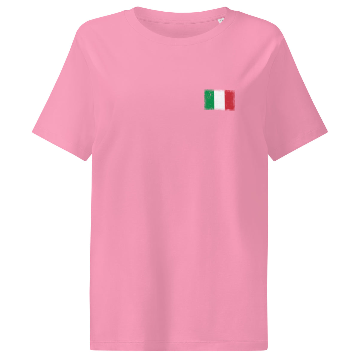 Italy flag t-shirt in Bubble Pink, vintage-washed print, small flag on the left chest, women cut, front view