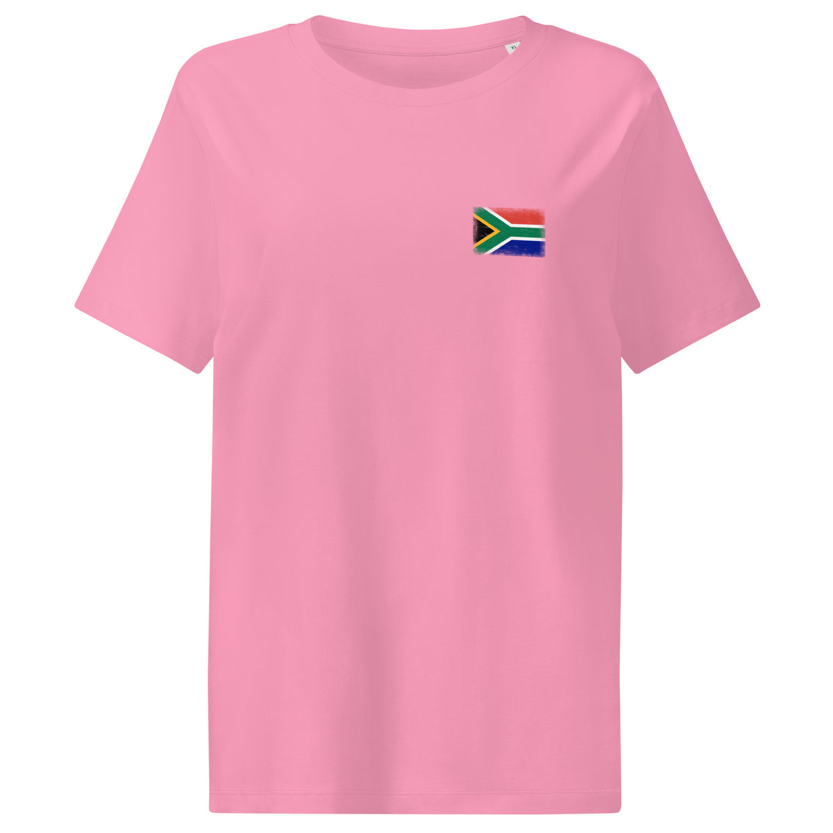South Africa flag t-shirt in Bubble Pink, vintage-washed print, small flag on the left chest, women cut, front view