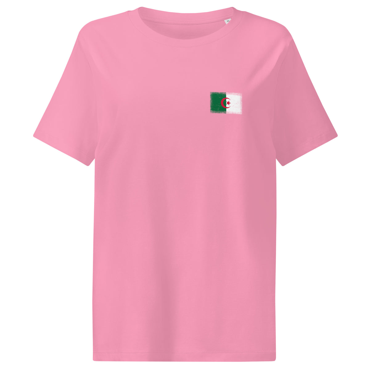 Algeria flag t-shirt in Bubble Pink, vintage-washed print, small flag on the left chest, women cut, front view