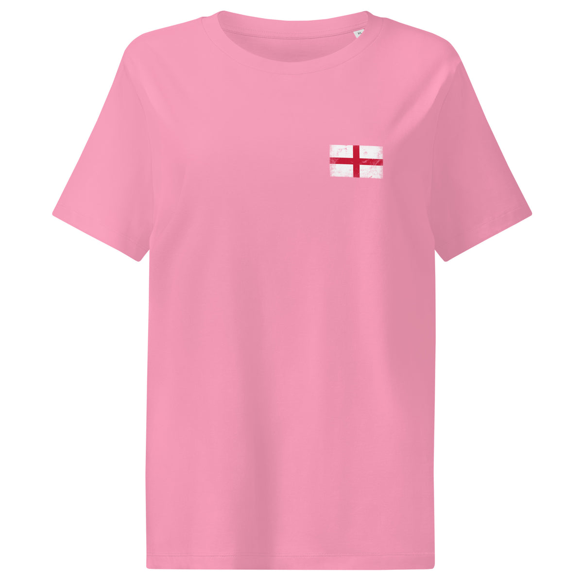 England flag t-shirt in Bubble Pink, vintage-washed print, small flag on the left chest, women cut, front view