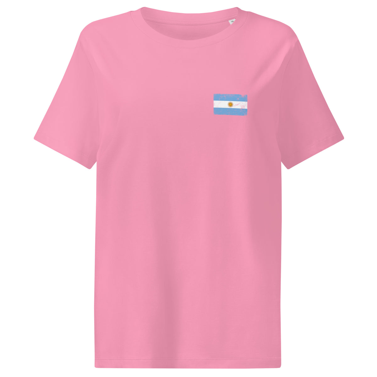 Argentina flag t-shirt in Bubble Pink, vintage-washed print, small flag on the left chest, women cut, front view