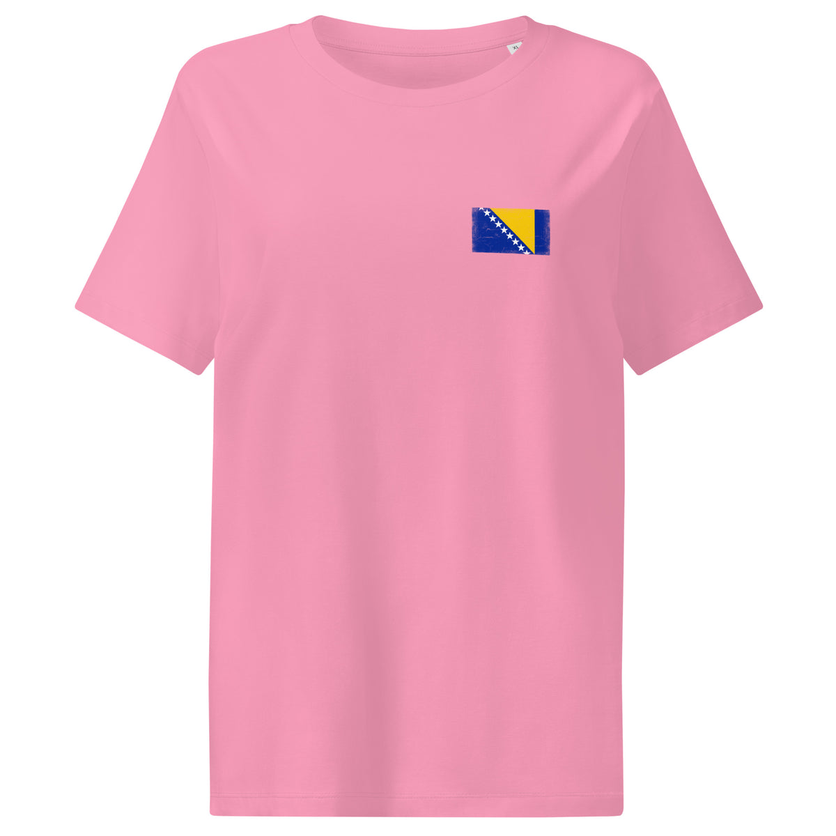 Bosnia and Herzegovina flag t-shirt in Bubble Pink, vintage-washed print, small flag on the left chest, women cut, front view