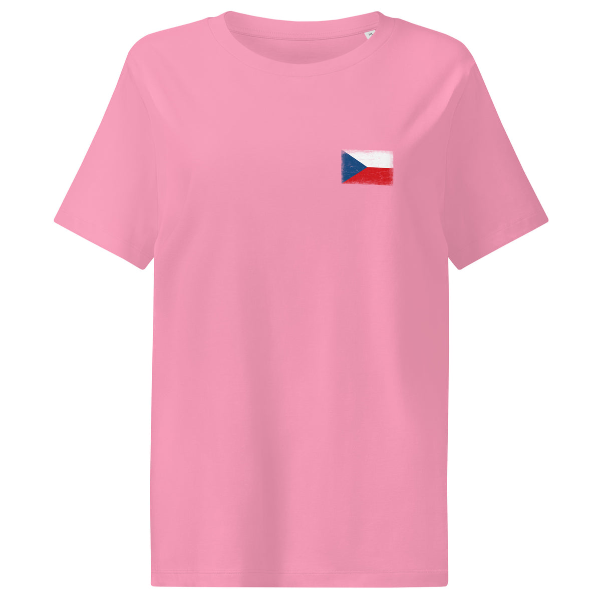 Czechia flag t-shirt in Bubble Pink, vintage-washed print, small flag on the left chest, women cut, front view