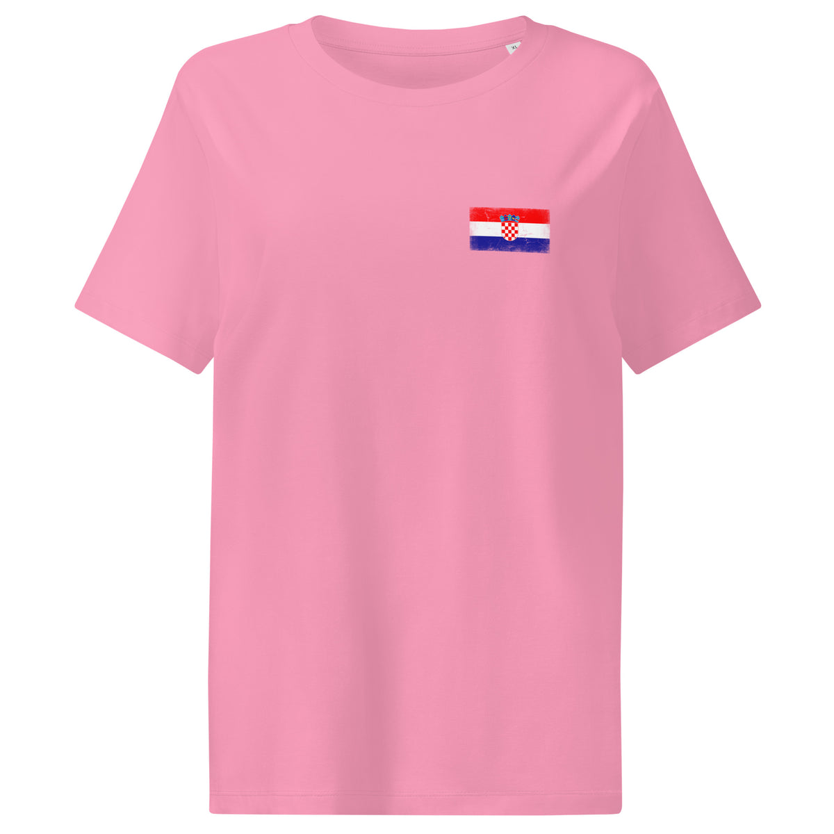Croatia flag t-shirt in Bubble Pink, vintage-washed print, small flag on the left chest, women cut, front view