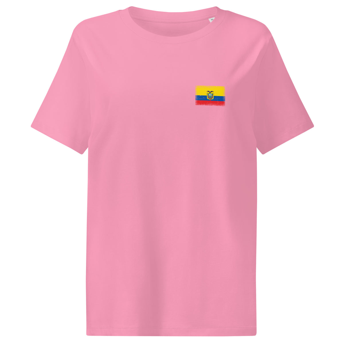 Ecuador flag t-shirt in Bubble Pink, vintage-washed print, small flag on the left chest, women cut, front view