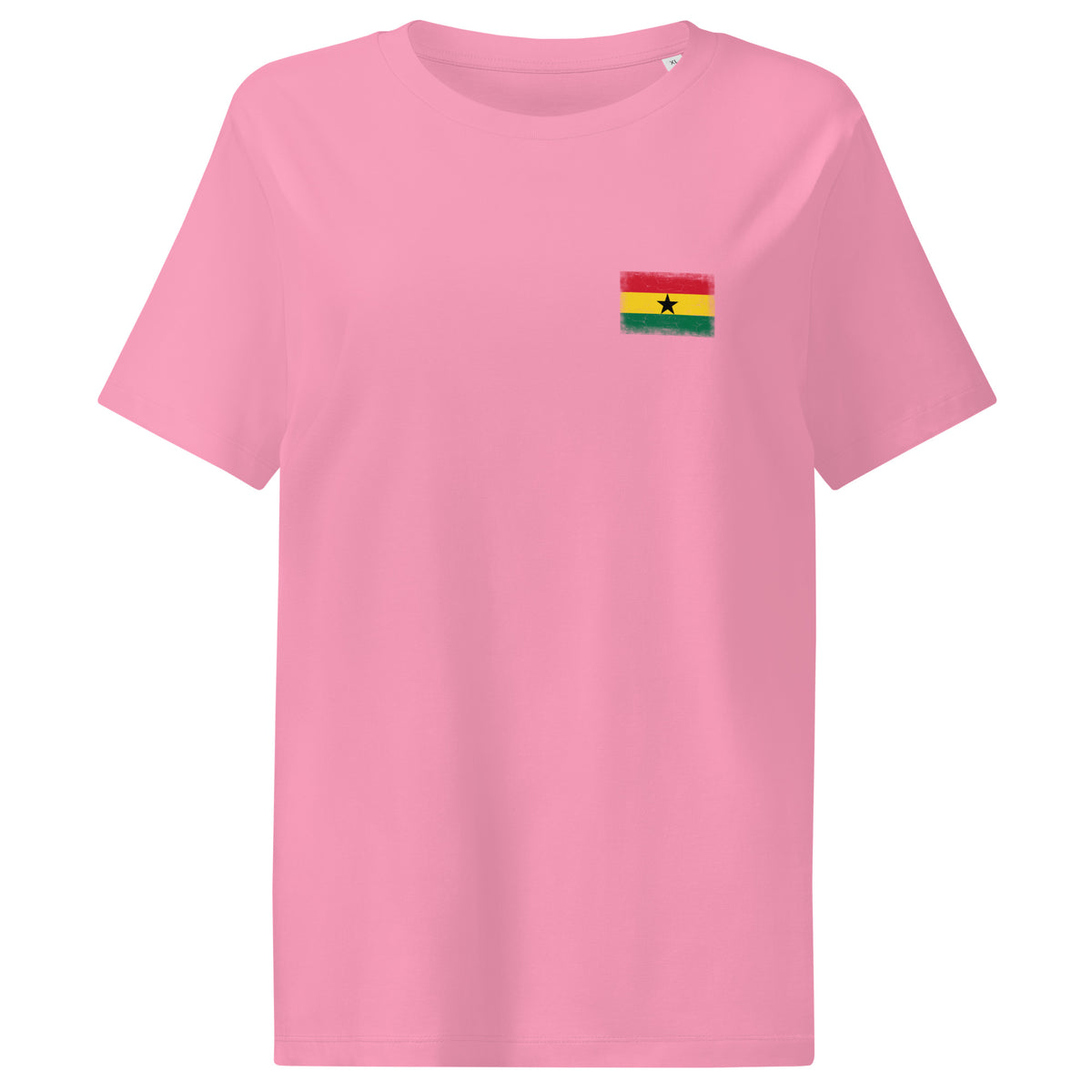 Ghana flag t-shirt in Bubble Pink, vintage-washed print, small flag on the left chest, women cut, front view