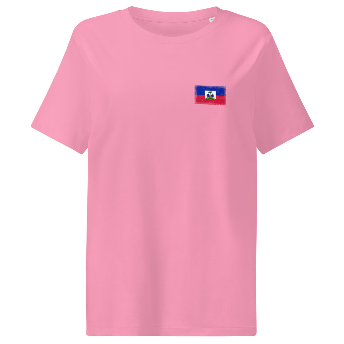 Haiti flag t-shirt in Bubble Pink, vintage-washed print, small flag on the left chest, women cut, front view