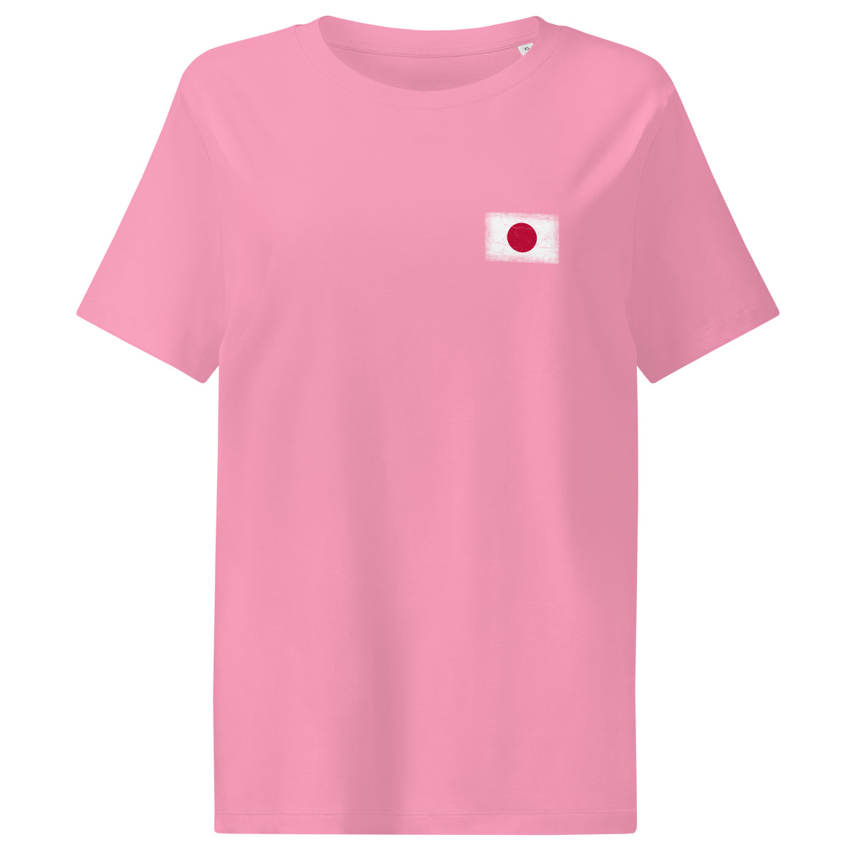 Japan flag t-shirt in Bubble Pink, vintage-washed print, small flag on the left chest, women cut, front view