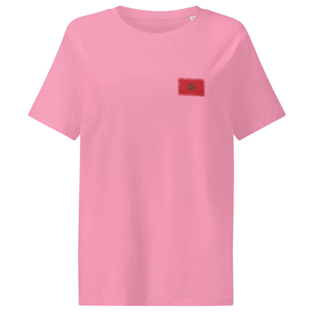 Morocco flag t-shirt in Bubble Pink, vintage-washed print, small flag on the left chest, women cut, front view