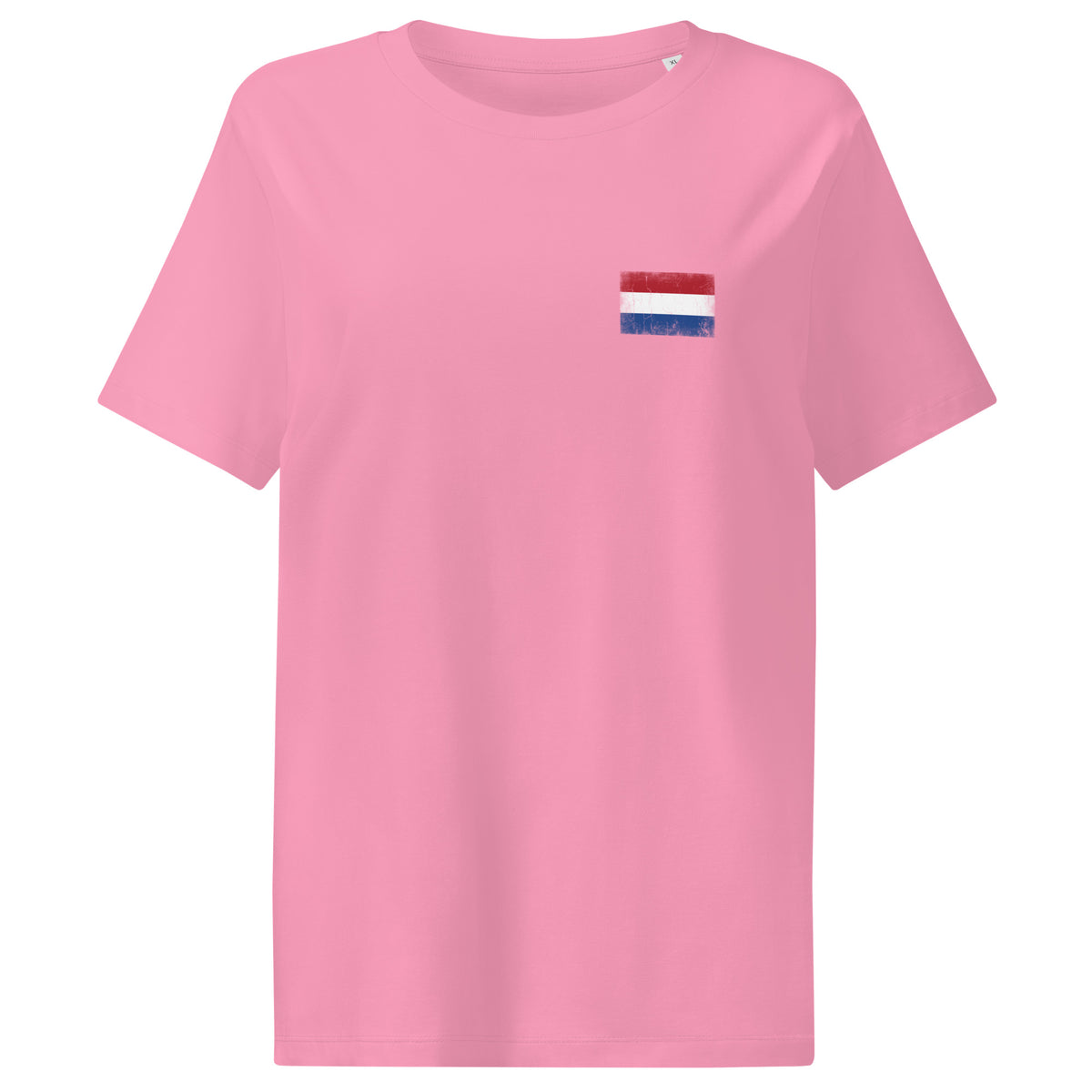 Netherlands flag t-shirt in Bubble Pink, vintage-washed print, small flag on the left chest, women cut, front view