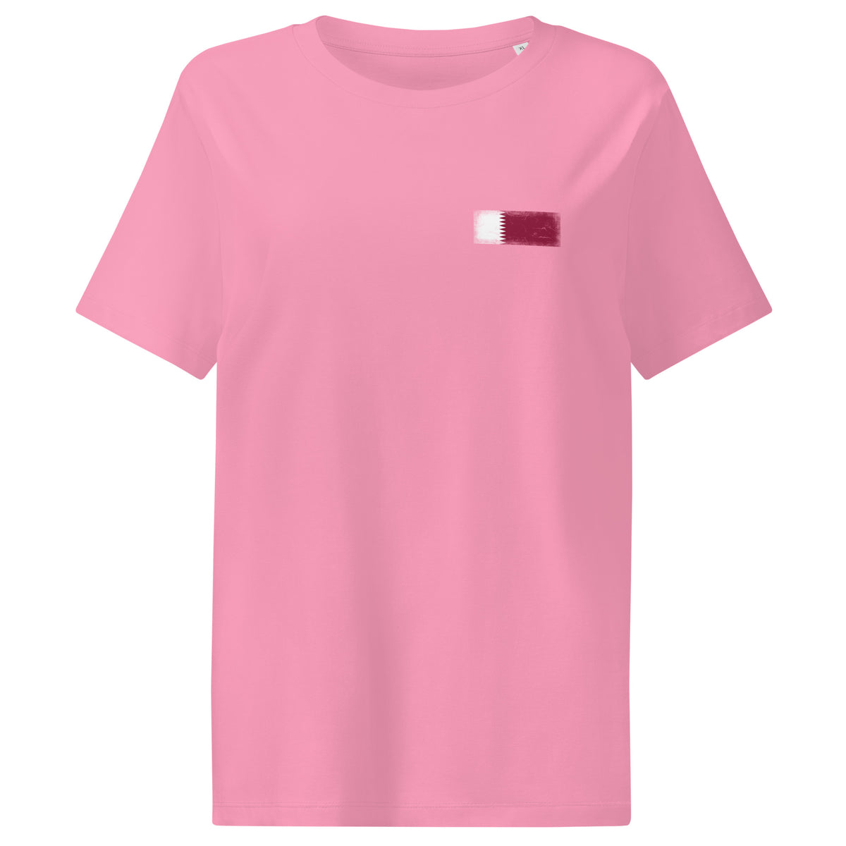 Qatar flag t-shirt in Bubble Pink, vintage-washed print, small flag on the left chest, women cut, front view