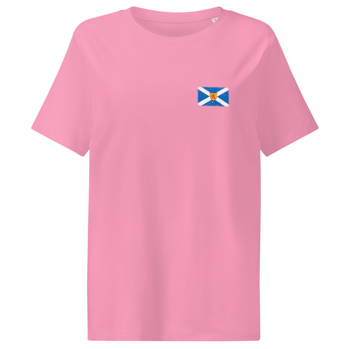 Scotland flag t-shirt in Bubble Pink, vintage-washed print, small flag on the left chest, women cut, front view