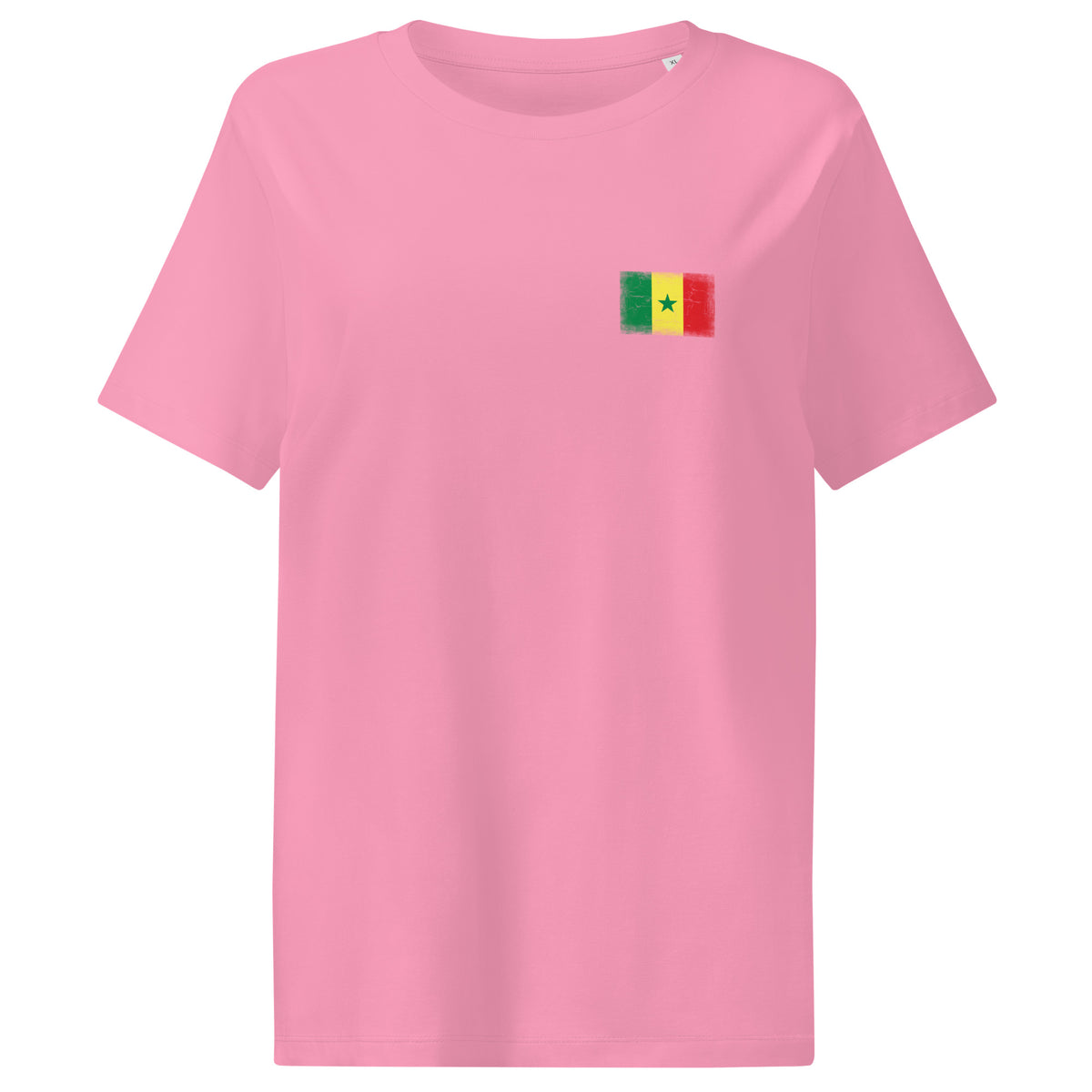 Senegal flag t-shirt in Bubble Pink, vintage-washed print, small flag on the left chest, women cut, front view