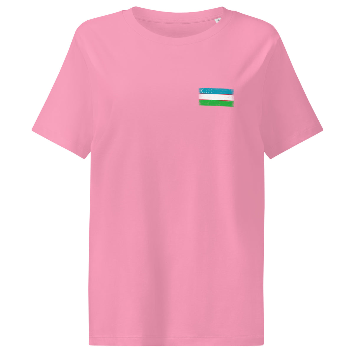 Uzbekistan flag t-shirt in Bubble Pink, vintage-washed print, small flag on the left chest, women cut, front view