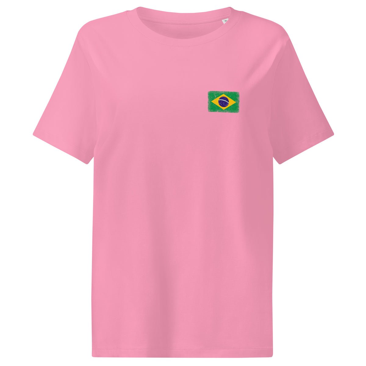 Brasil flag t-shirt in Bubble Pink, vintage-washed print, small flag on the left chest, women cut, front view