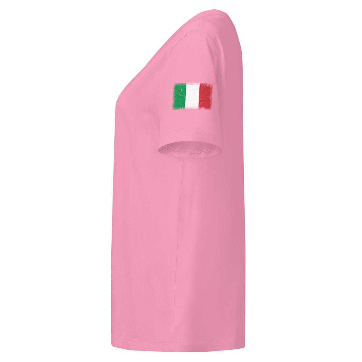 Italy flag t-shirt in Bubble Pink, vintage-washed print, flag badge on the left sleeve, women cut, side view
