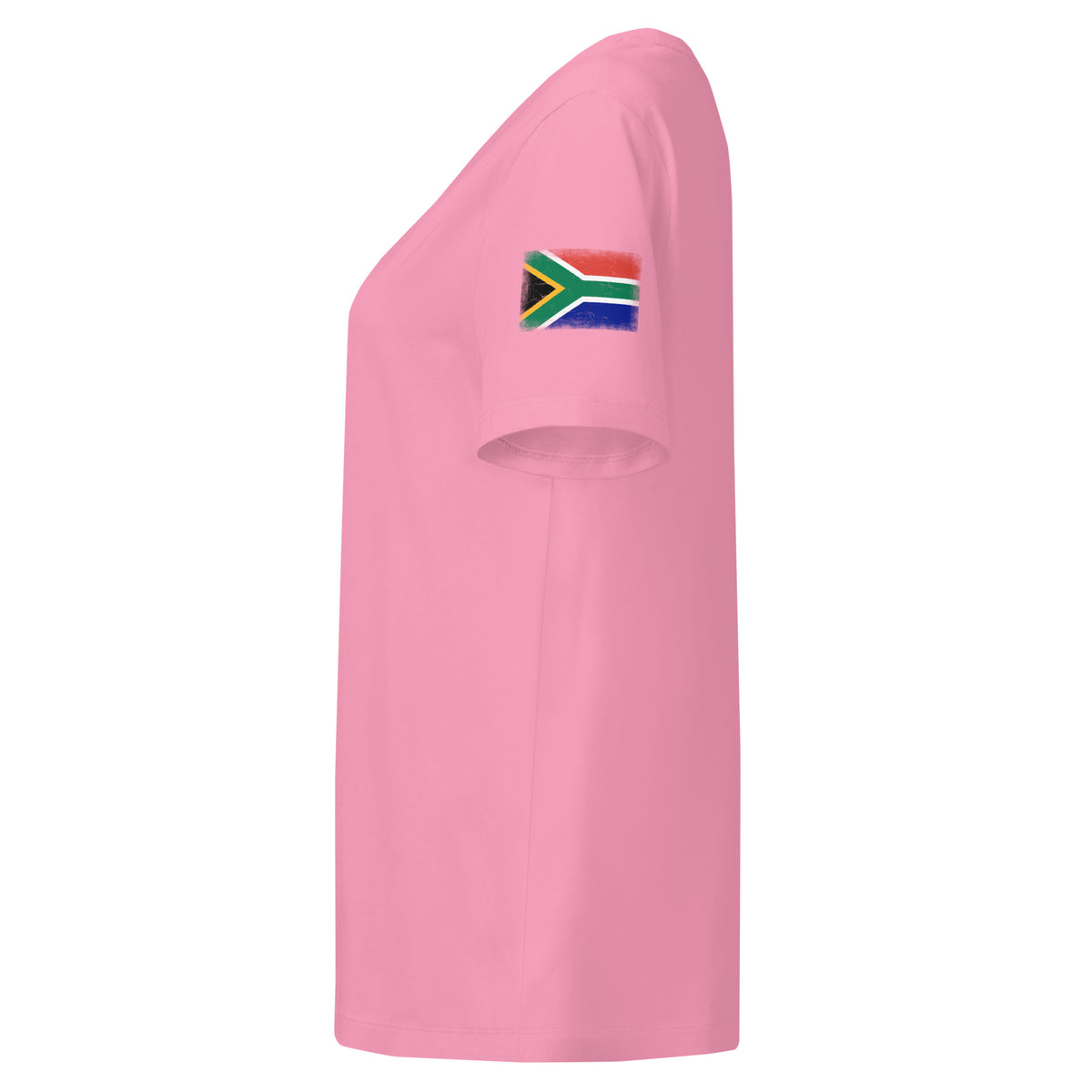 South Africa flag t-shirt in Bubble Pink, vintage-washed print, flag badge on the left sleeve, women cut, side view