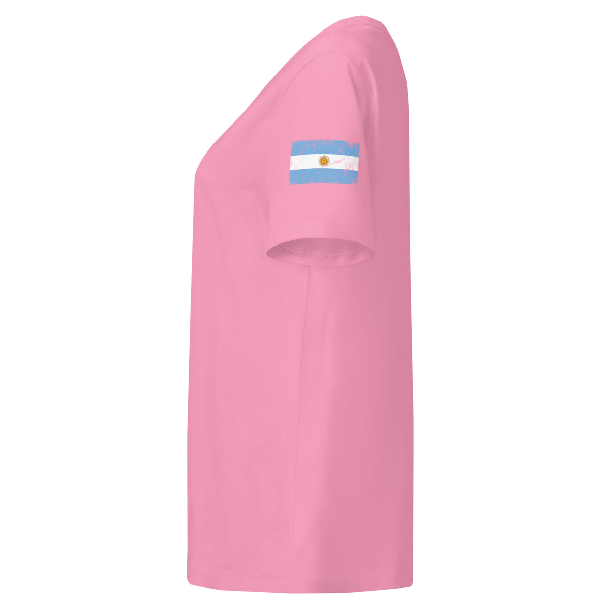 Argentina flag t-shirt in Bubble Pink, vintage-washed print, flag badge on the left sleeve, women cut, side view