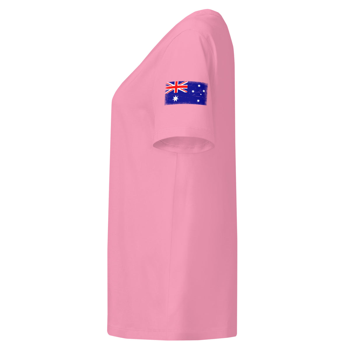 Australia flag t-shirt in Bubble Pink, vintage-washed print, flag badge on the left sleeve, women cut, side view