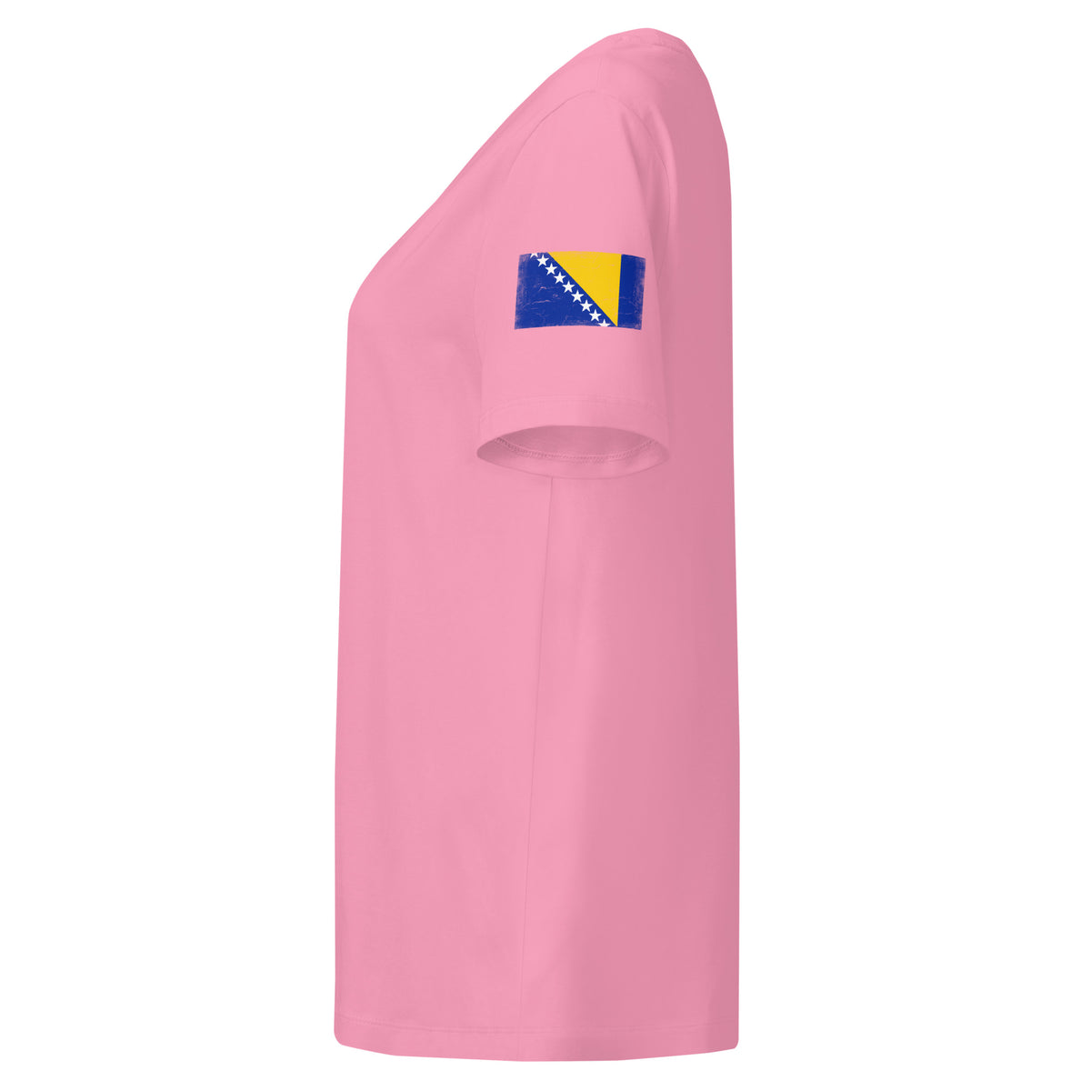 Bosnia and Herzegovina flag t-shirt in Bubble Pink, vintage-washed print, flag badge on the left sleeve, women cut, side view