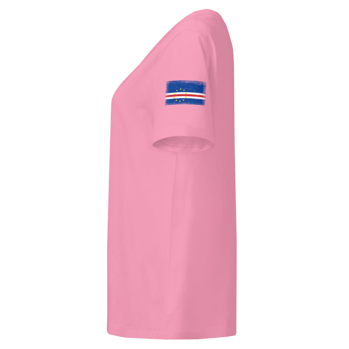 Cape Verde flag t-shirt in Bubble Pink, vintage-washed print, flag badge on the left sleeve, women cut, side view