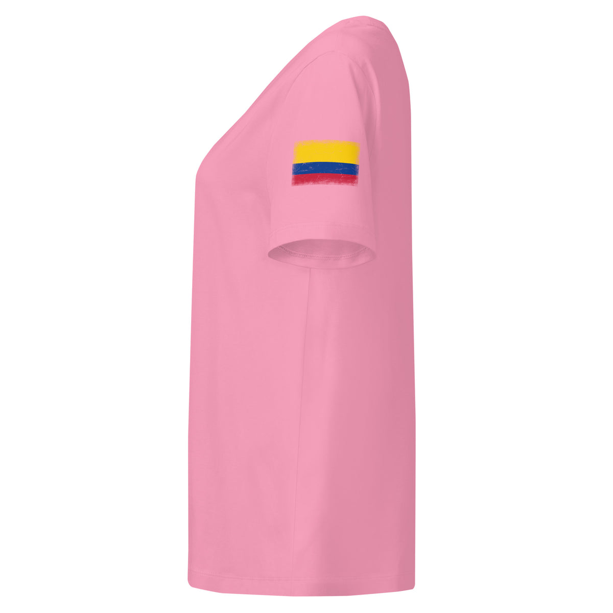 Colombia flag t-shirt in Bubble Pink, vintage-washed print, flag badge on the left sleeve, women cut, side view