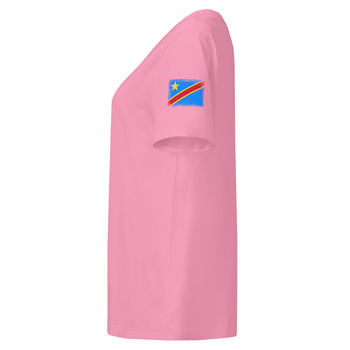 Congo flag t-shirt in Bubble Pink, vintage-washed print, flag badge on the left sleeve, women cut, side view
