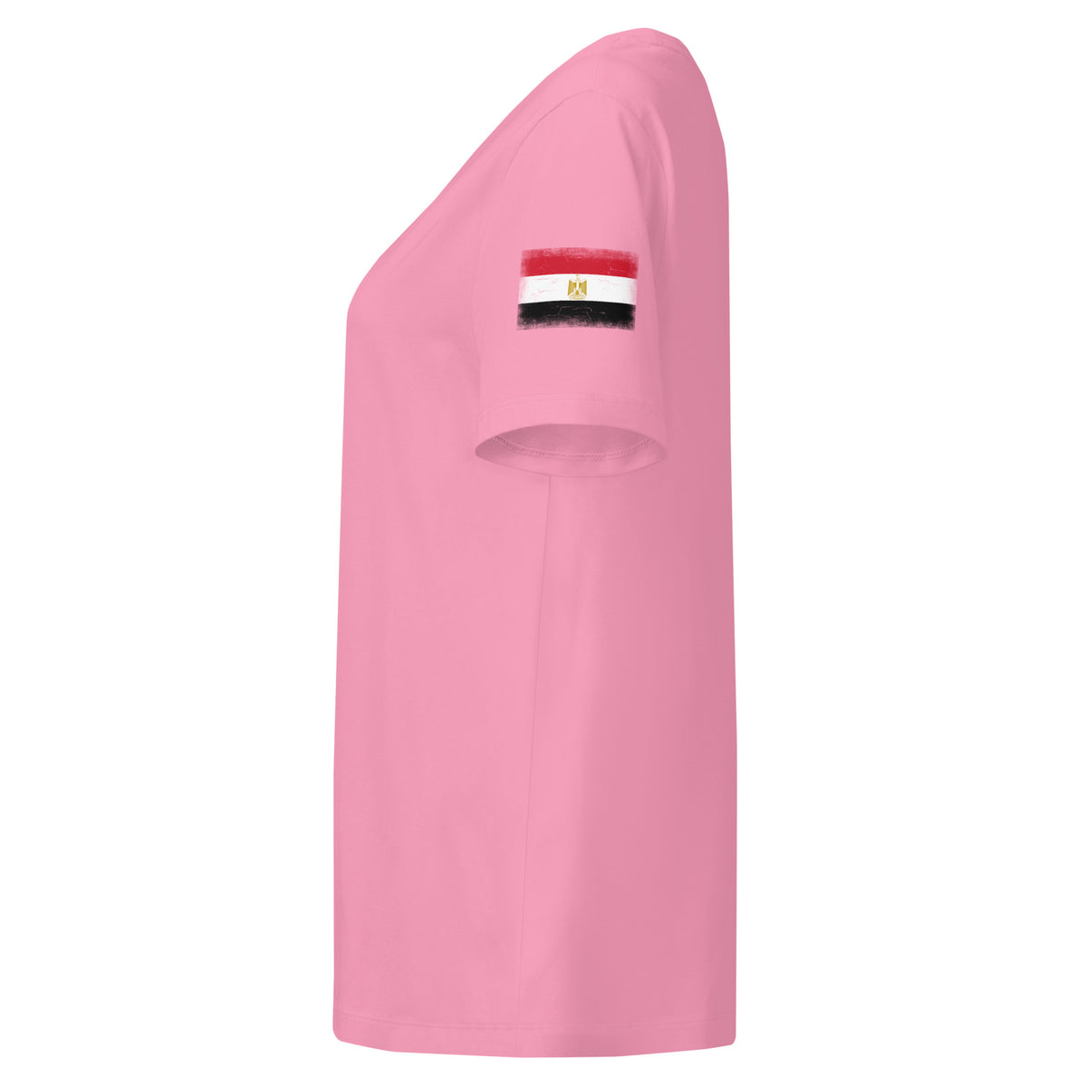 Egypt flag t-shirt in Bubble Pink, vintage-washed print, flag badge on the left sleeve, women cut, side view