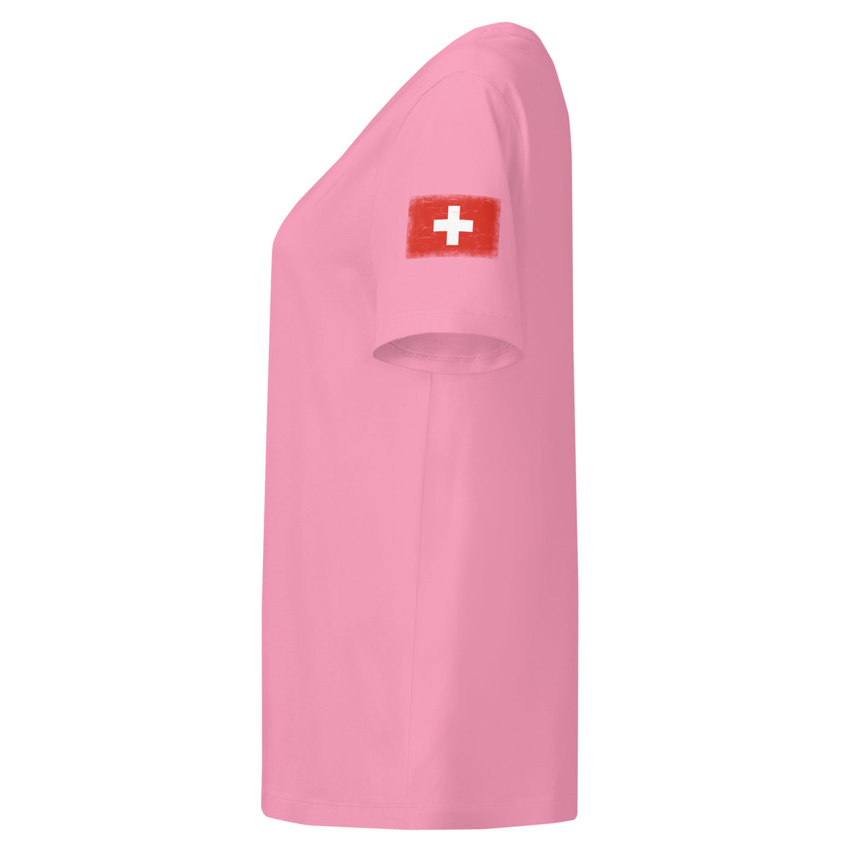 Switzerland flag t-shirt in Bubble Pink, vintage-washed print, flag badge on the left sleeve, women cut, side view