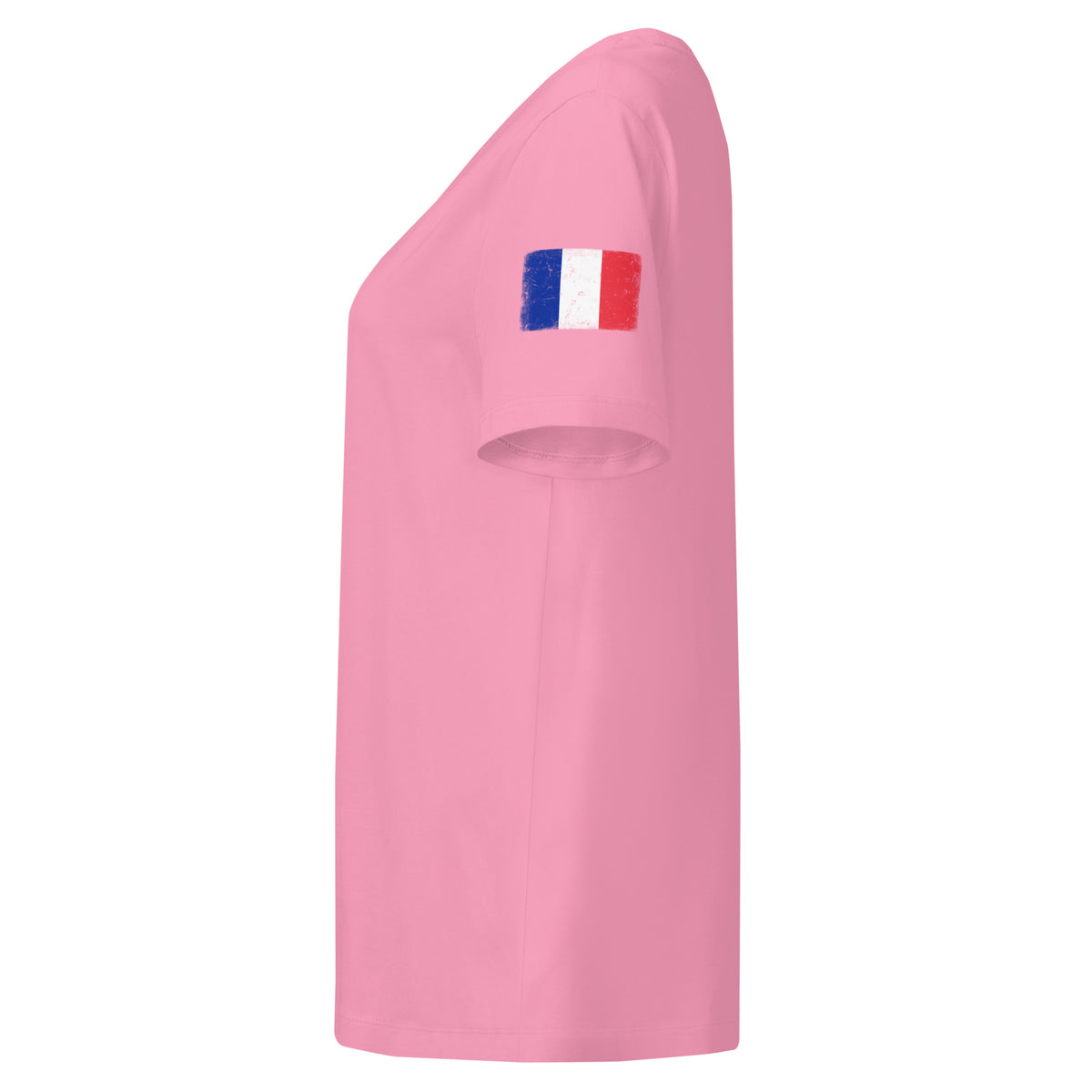 France flag t-shirt in Bubble Pink, vintage-washed print, flag badge on the left sleeve, women cut, side view