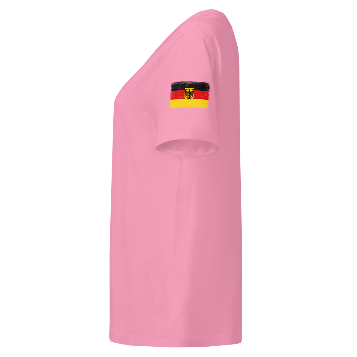 Germany flag t-shirt in Bubble Pink, vintage-washed print, flag badge on the left sleeve, women cut, side view