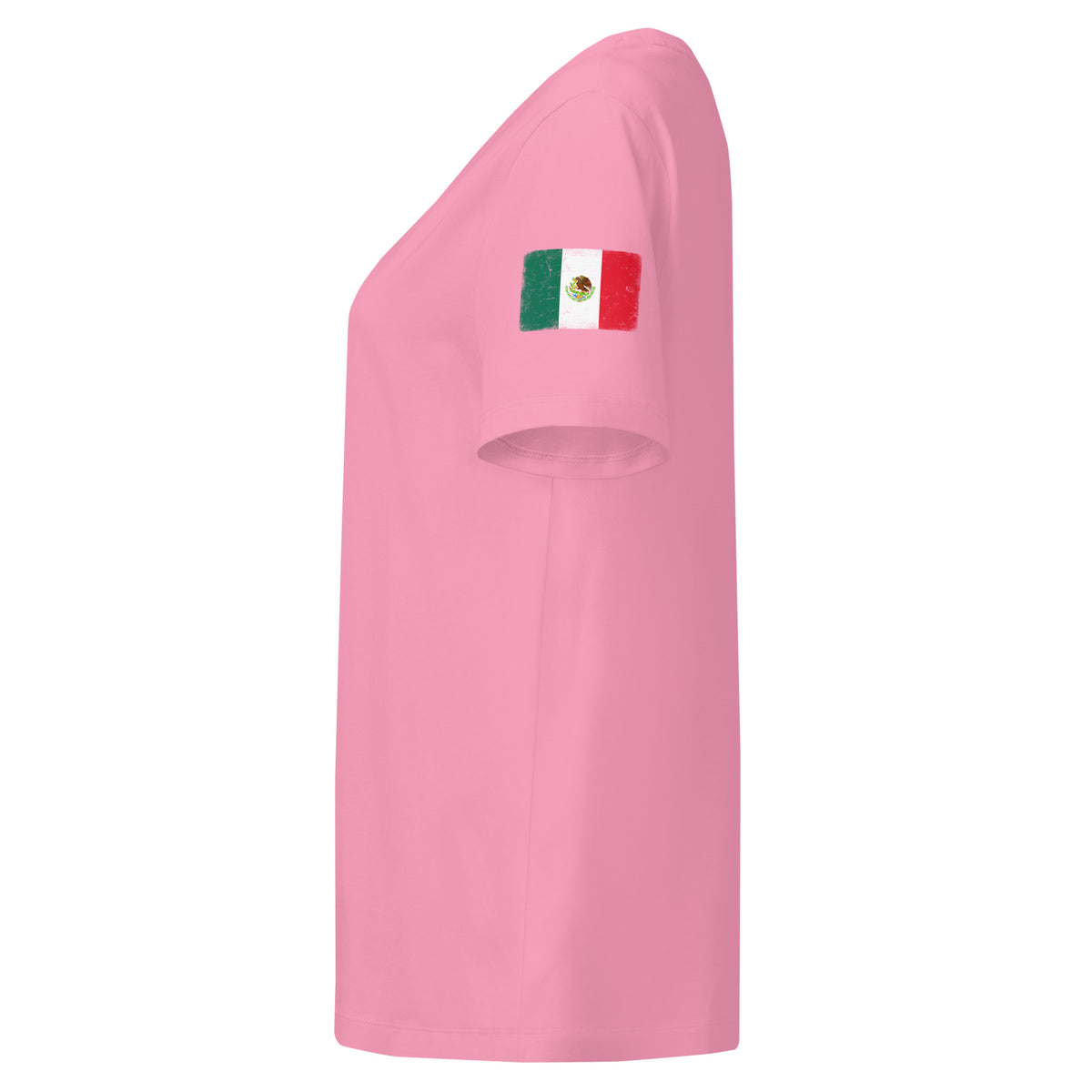 Mexico flag t-shirt in Bubble Pink, vintage-washed print, flag badge on the left sleeve, women cut, side view