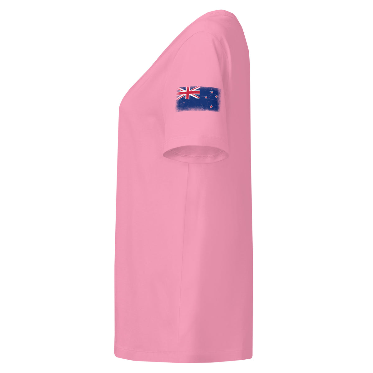 New Zealand flag t-shirt in Bubble Pink, vintage-washed print, flag badge on the left sleeve, women cut, side view