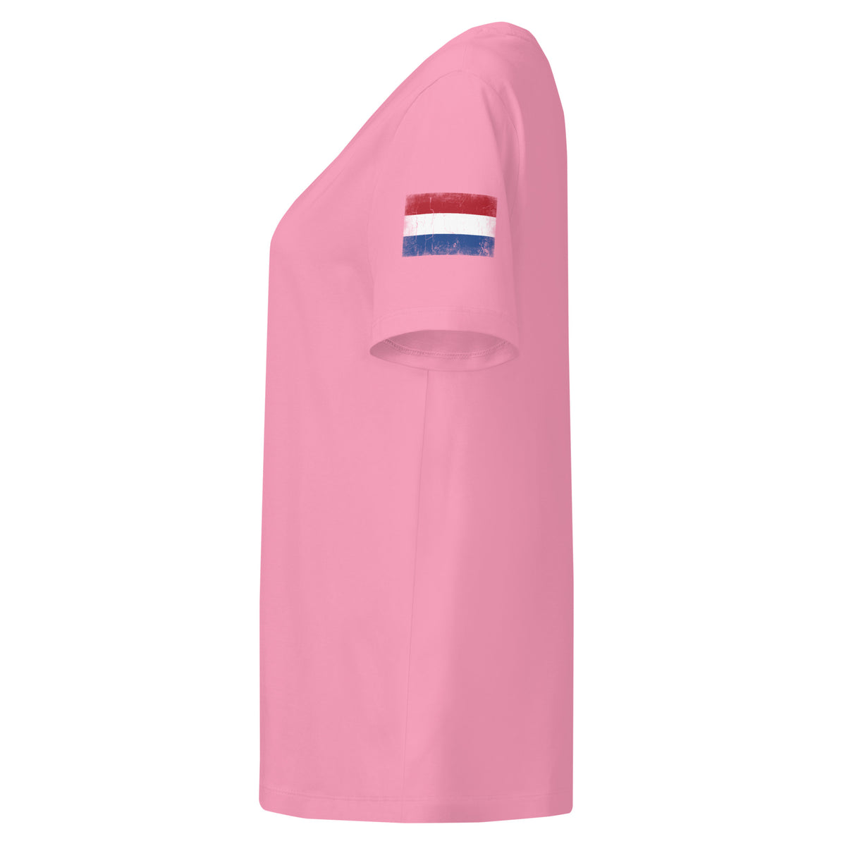 Netherlands flag t-shirt in Bubble Pink, vintage-washed print, flag badge on the left sleeve, women cut, side view
