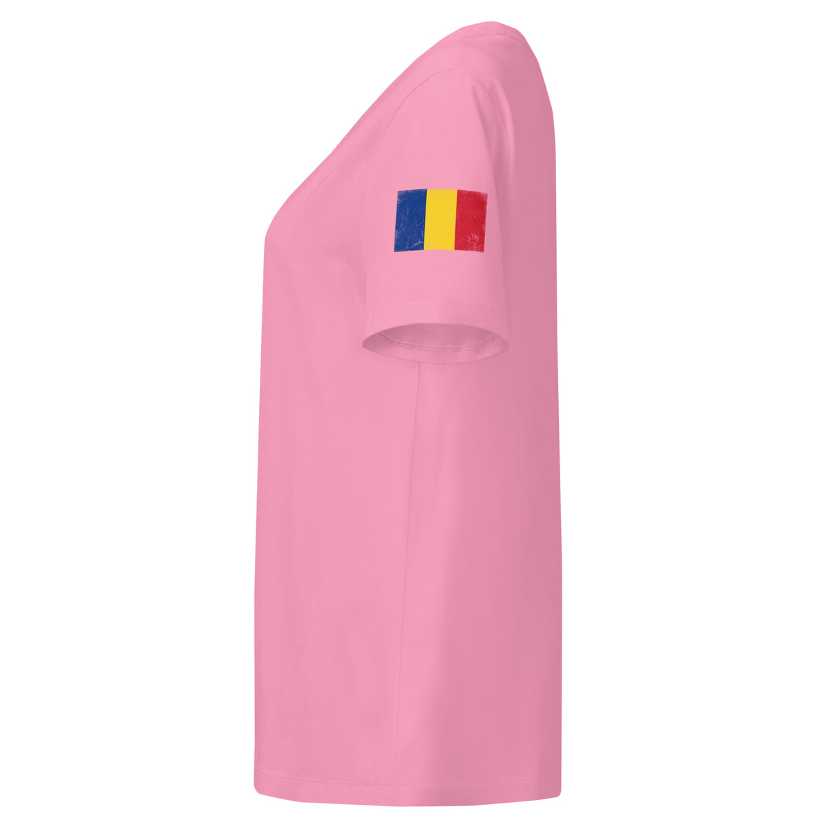 Romania flag t-shirt in Bubble Pink, vintage-washed print, flag badge on the left sleeve, women cut, side view
