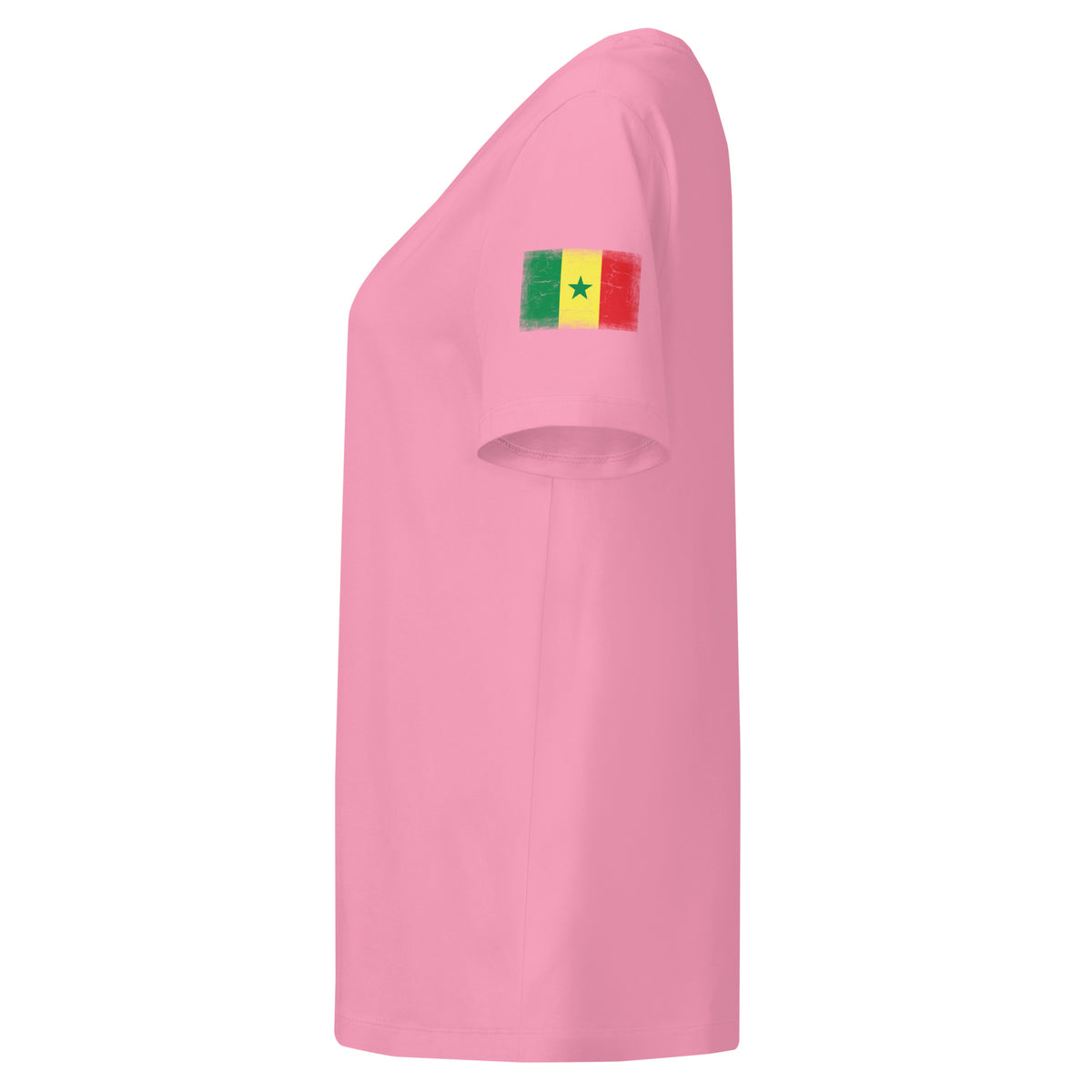 Senegal flag t-shirt in Bubble Pink, vintage-washed print, flag badge on the left sleeve, women cut, side view