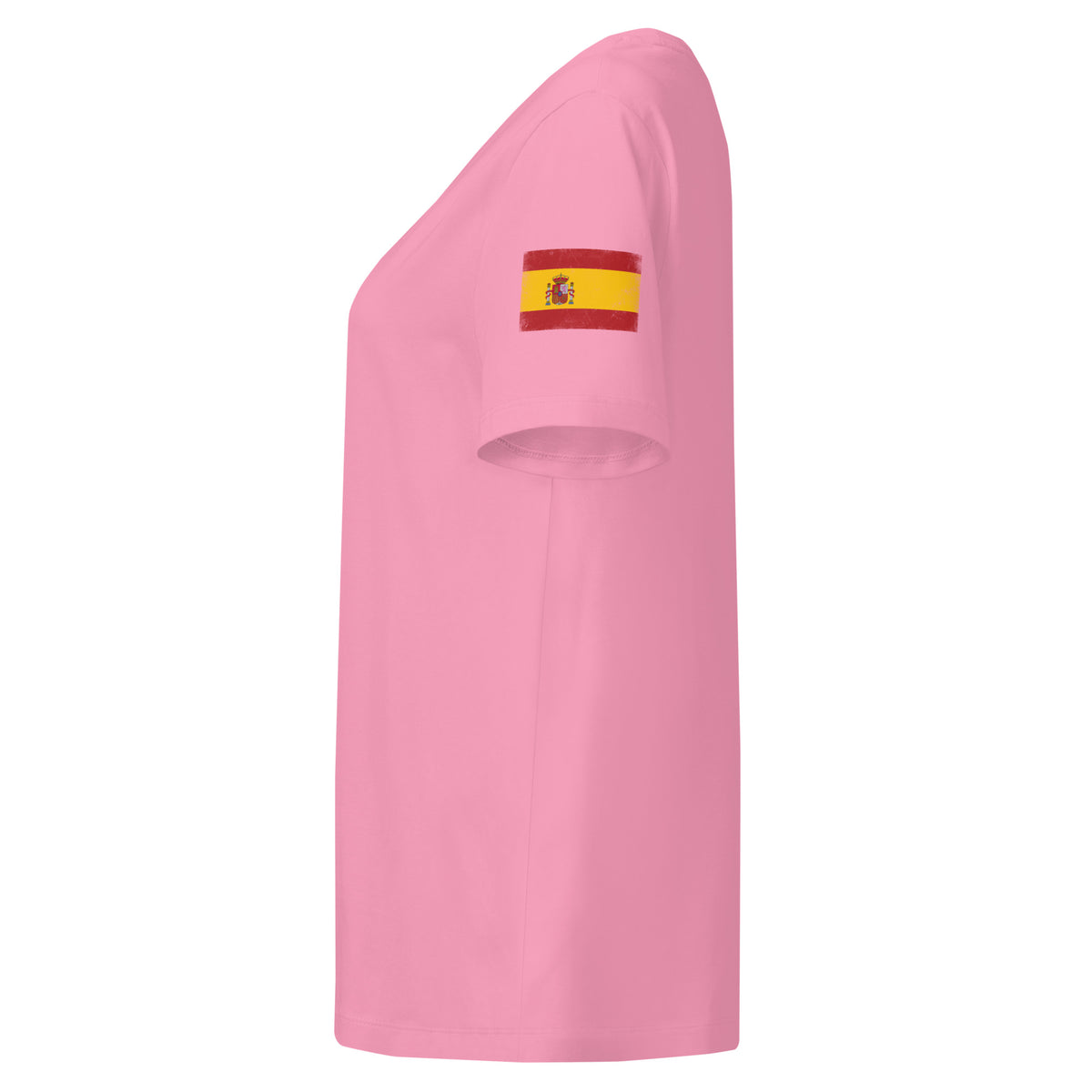 Spain flag t-shirt in Bubble Pink, vintage-washed print, flag badge on the left sleeve, women cut, side view