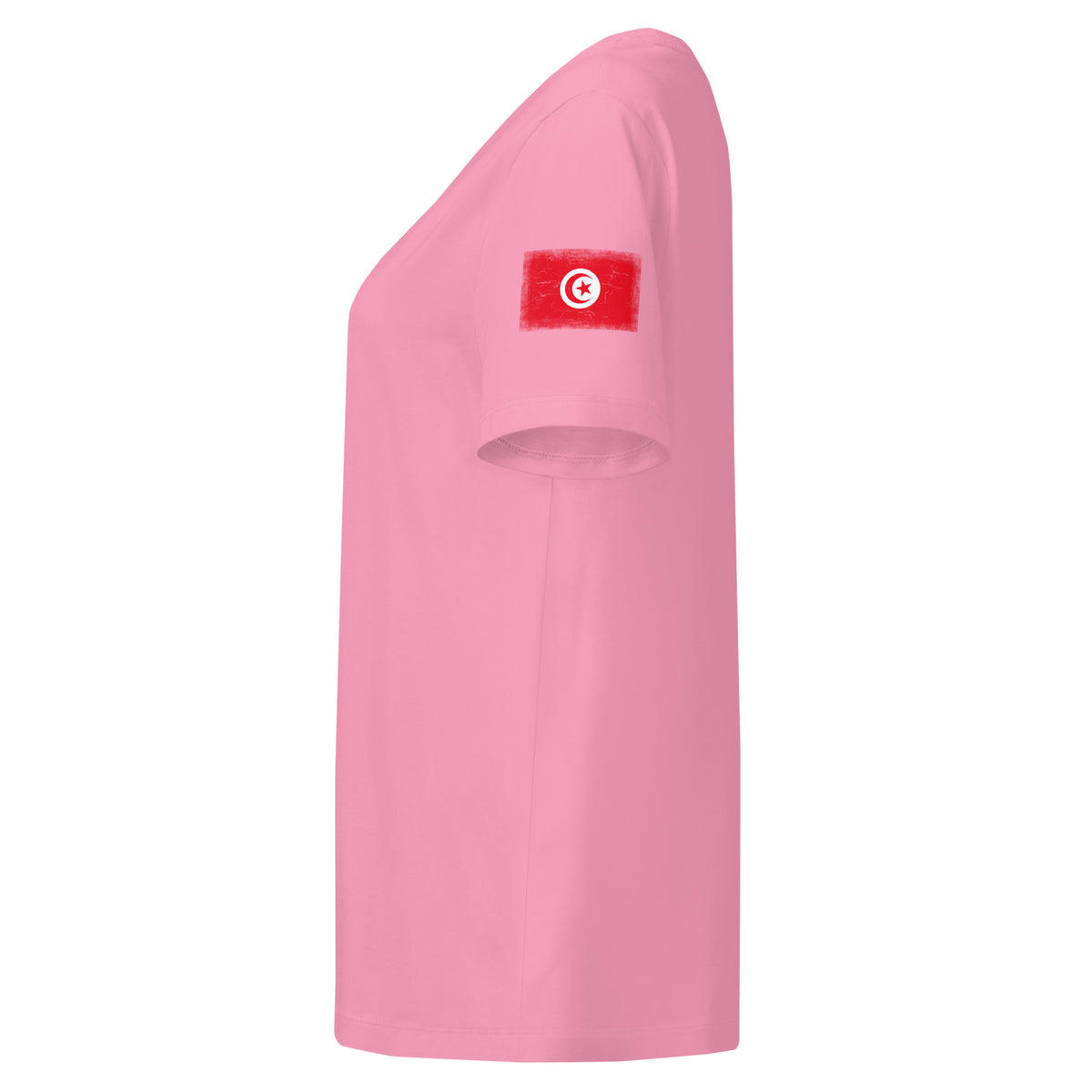 Tunisia flag t-shirt in Bubble Pink, vintage-washed print, flag badge on the left sleeve, women cut, side view