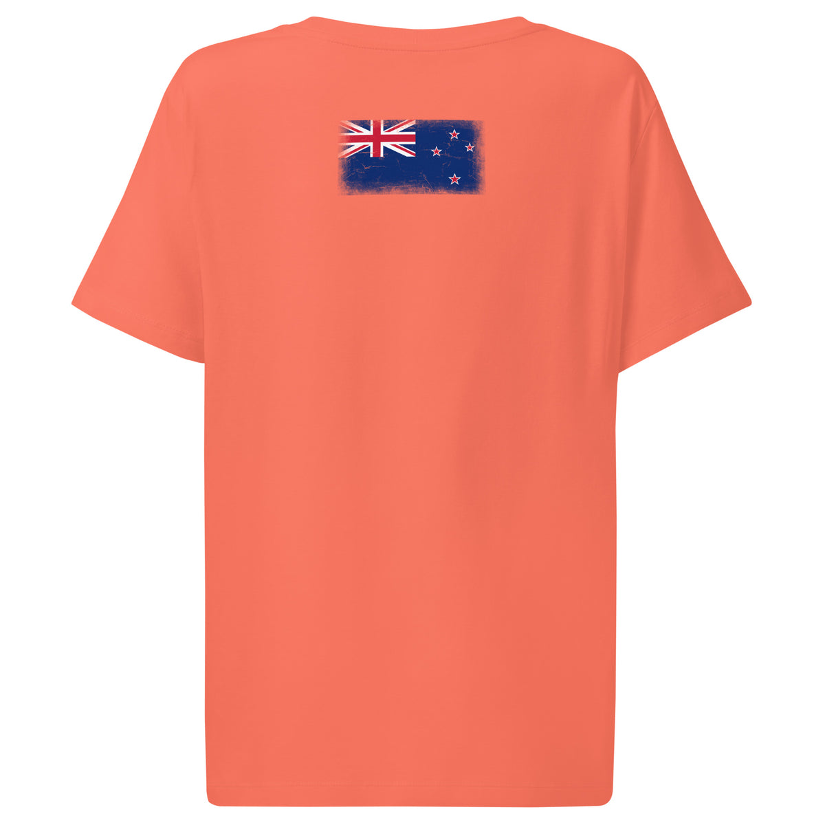 New Zealand flag t-shirt in Fiesta, vintage-washed print, flag across the upper back, women cut, back view