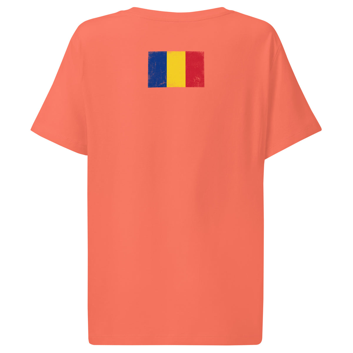 Romania flag t-shirt in Fiesta, vintage-washed print, flag across the upper back, women cut, back view