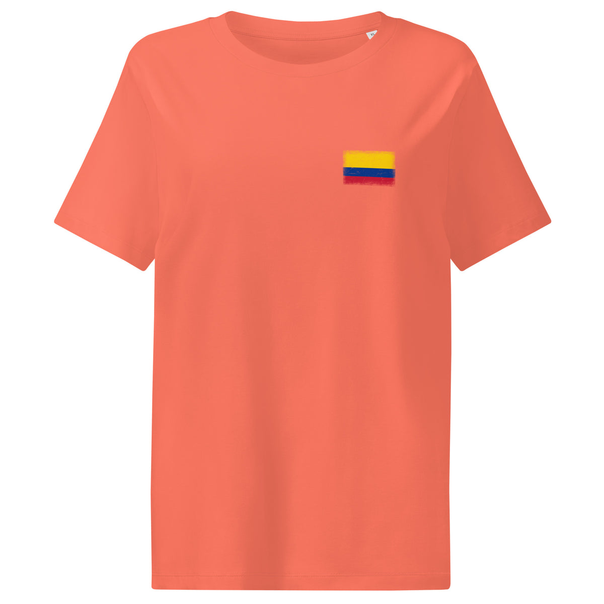 Colombia flag t-shirt in Fiesta, vintage-washed print, small flag on the left chest, women cut, front view