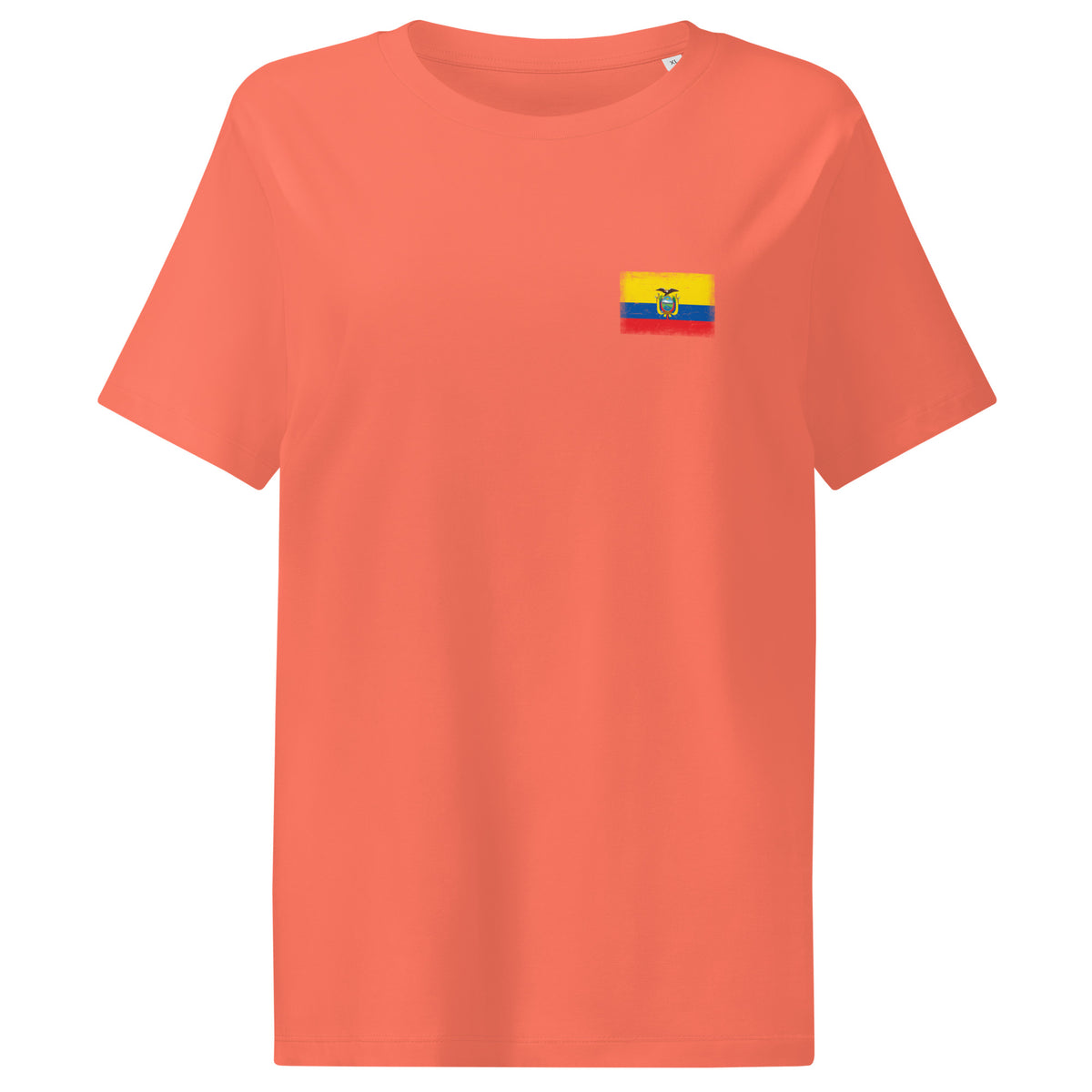 Ecuador flag t-shirt in Fiesta, vintage-washed print, small flag on the left chest, women cut, front view