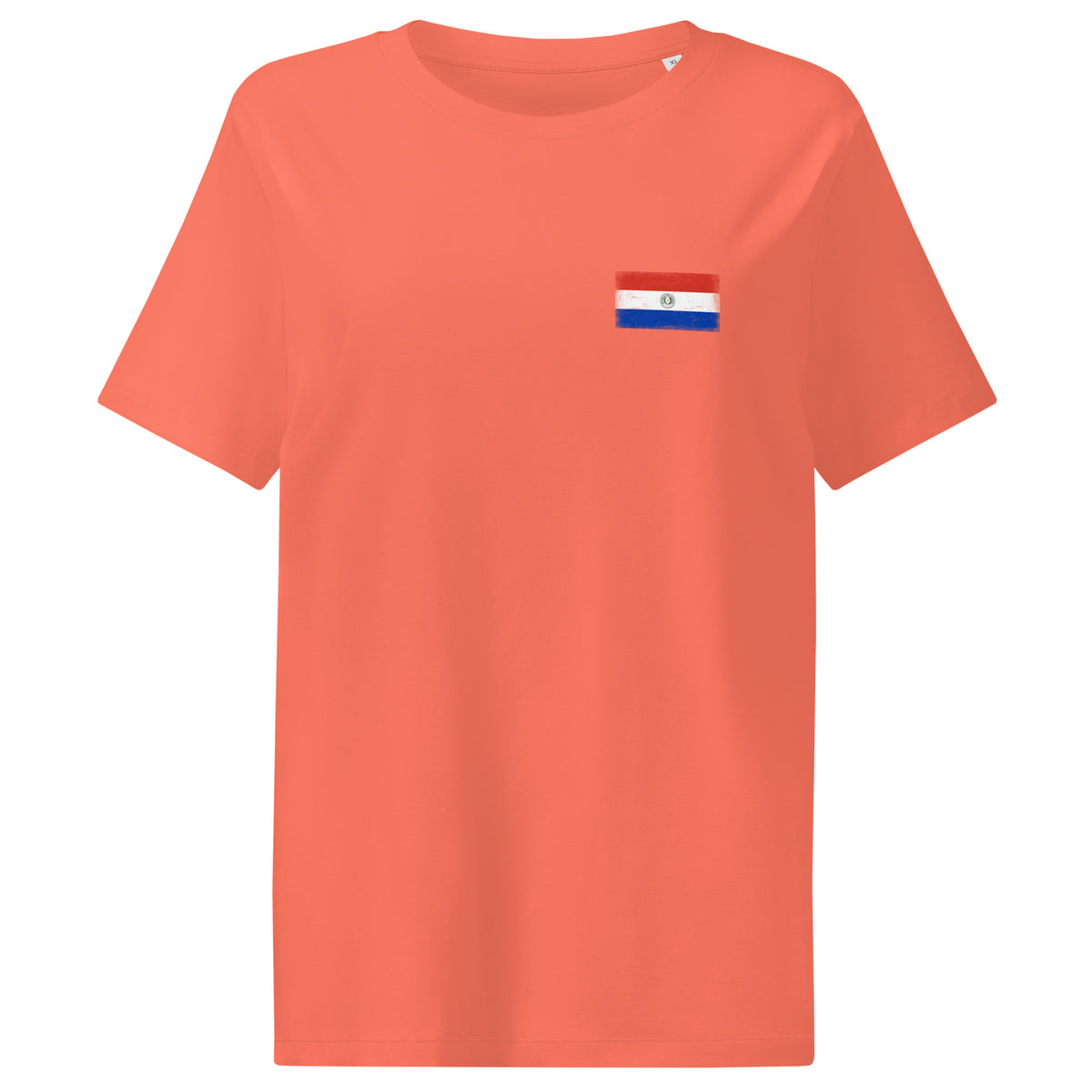Paraguay flag t-shirt in Fiesta, vintage-washed print, small flag on the left chest, women cut, front view