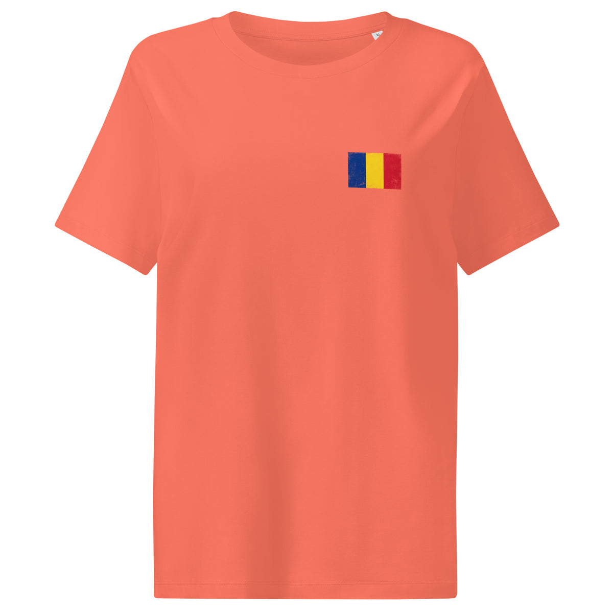 Romania flag t-shirt in Fiesta, vintage-washed print, small flag on the left chest, women cut, front view