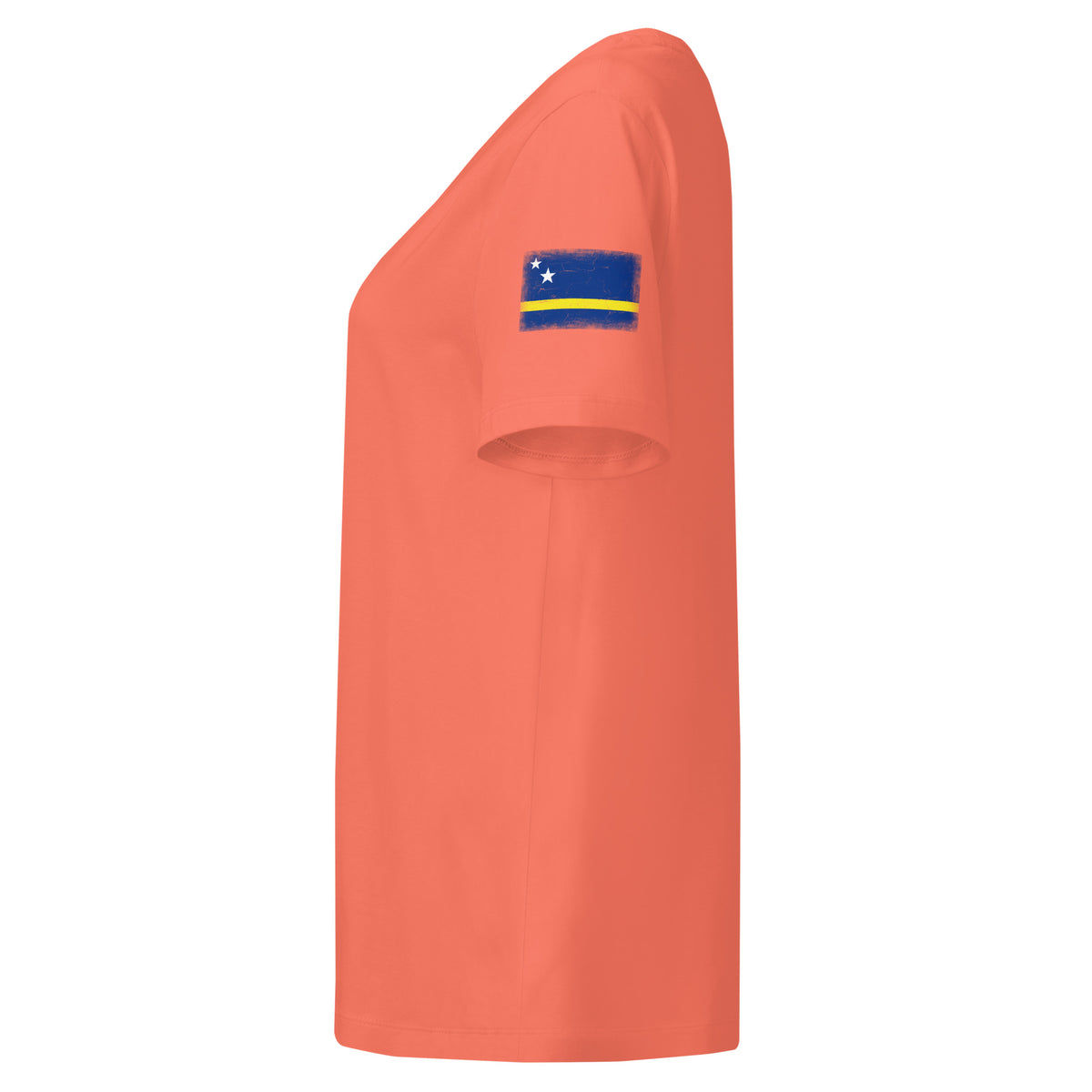 Curaçao flag t-shirt in Fiesta, vintage-washed print, flag badge on the left sleeve, women cut, side view