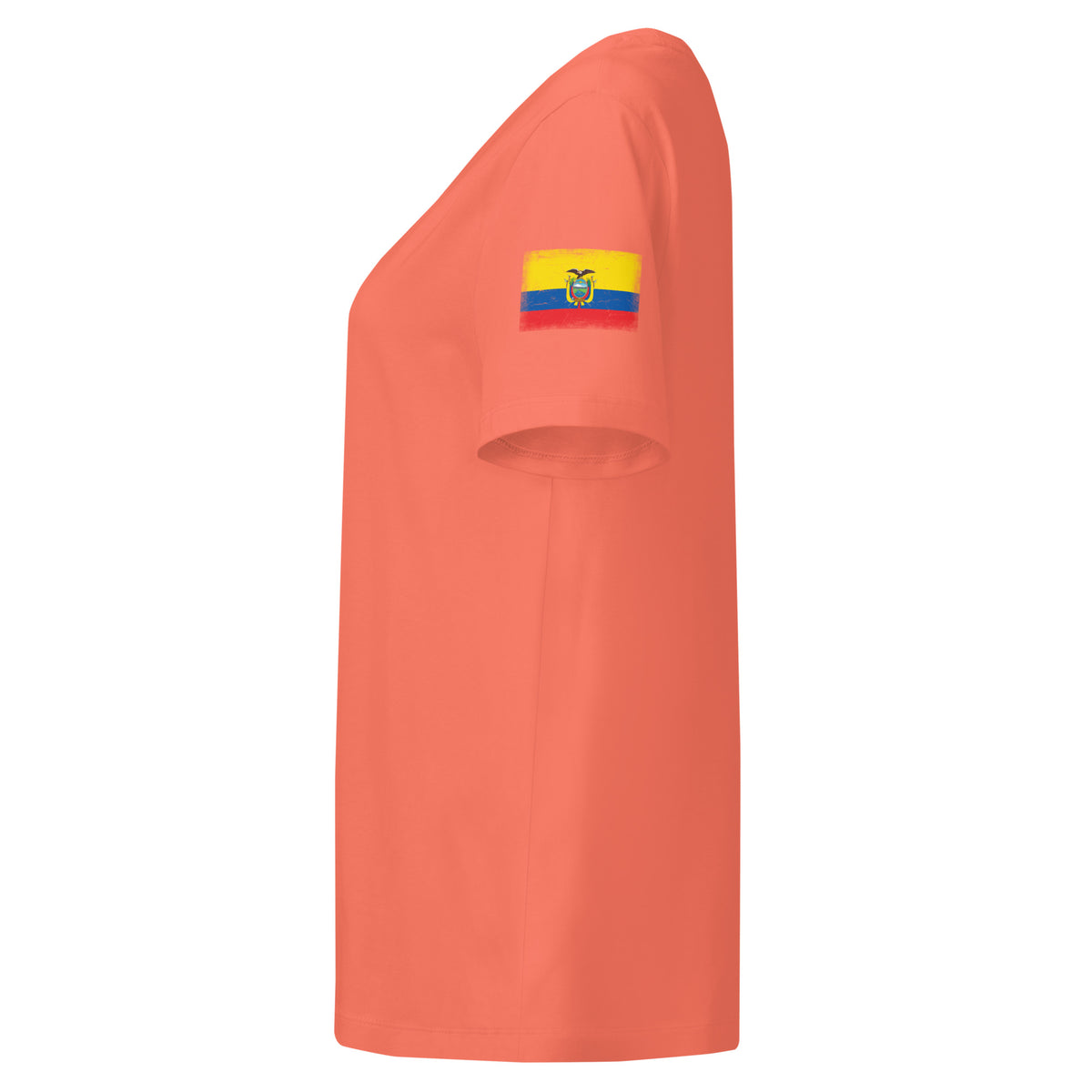 Ecuador flag t-shirt in Fiesta, vintage-washed print, flag badge on the left sleeve, women cut, side view