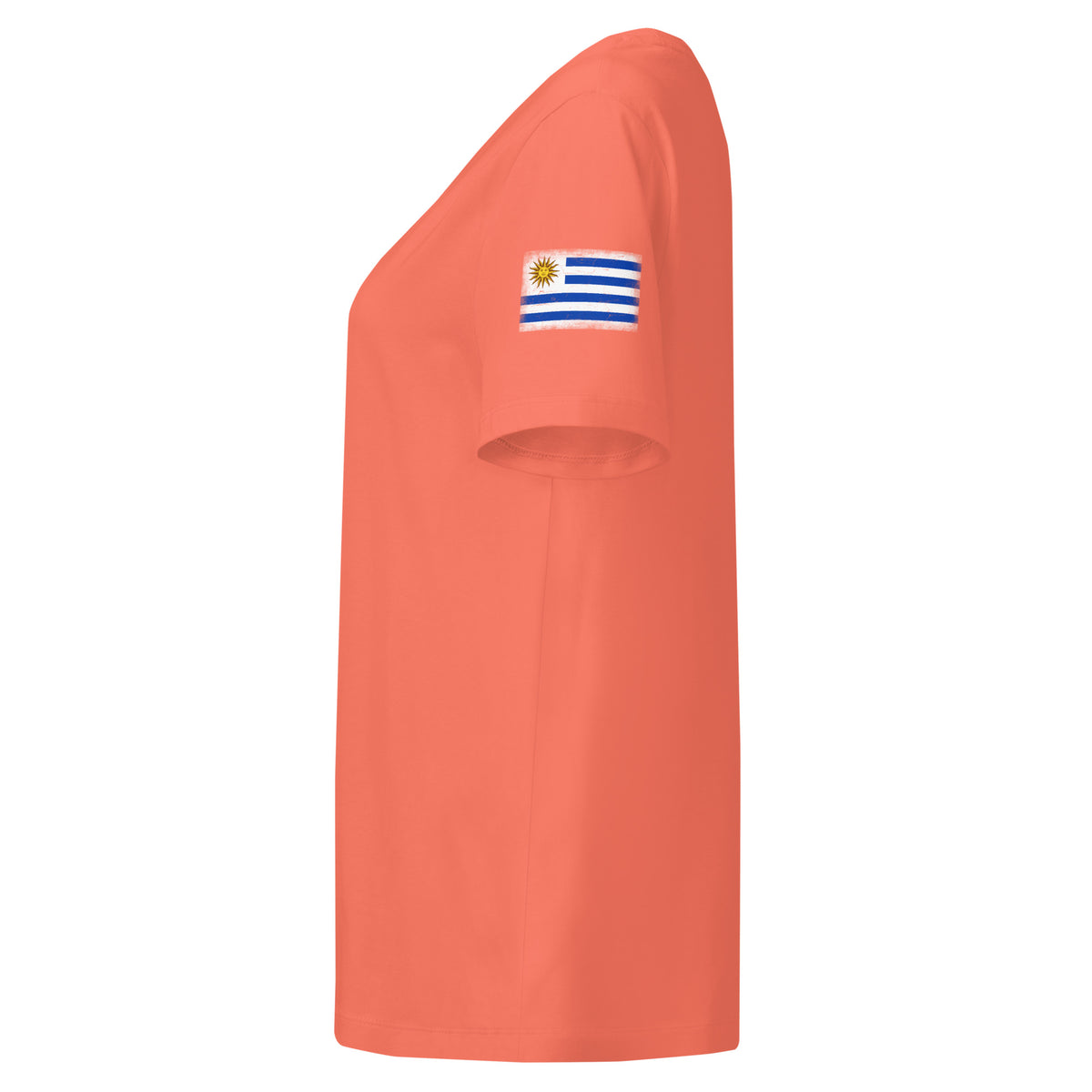 Uruguay flag t-shirt in Fiesta, vintage-washed print, flag badge on the left sleeve, women cut, side view