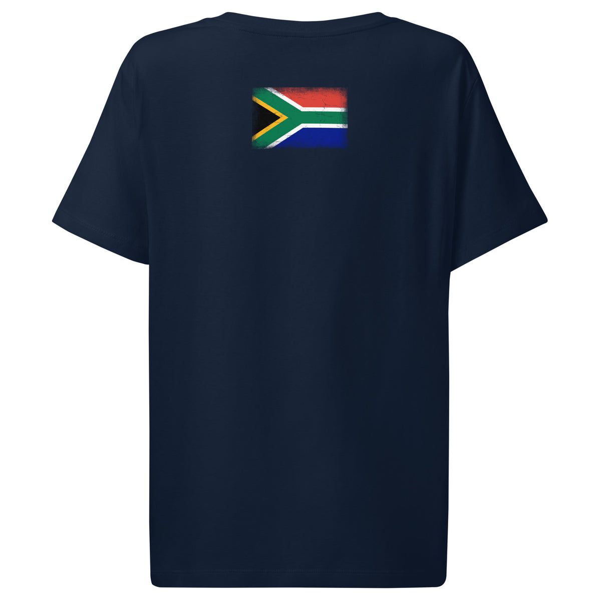 South Africa flag t-shirt in French Navy, vintage-washed print, flag across the upper back, women cut, back view