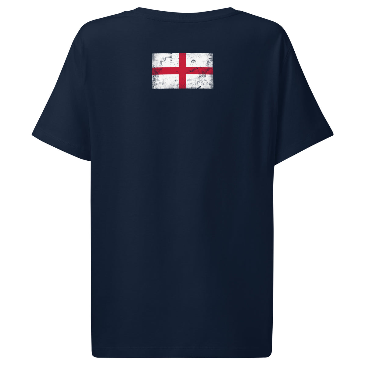 England flag t-shirt in French Navy, vintage-washed print, flag across the upper back, women cut, back view